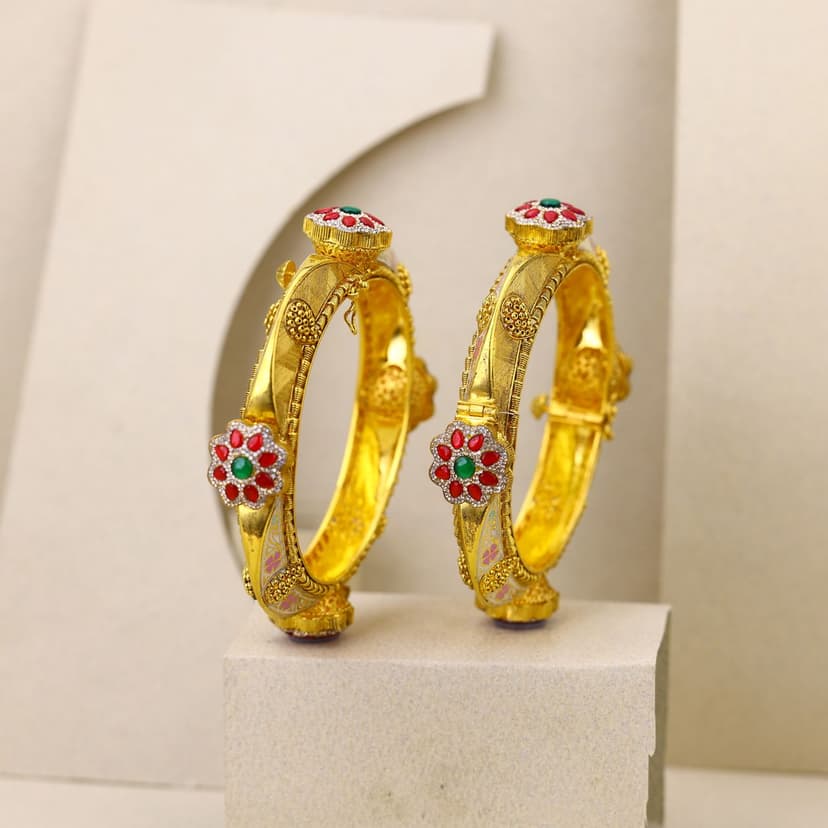 Kundan Rudrashila Enamel Antique Bangles 22KT