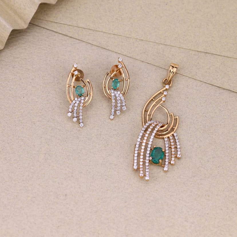 Emerald Cascade Curve Designer Pendant Set 18KT